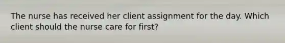 The nurse has received her client assignment for the day. Which client should the nurse care for first?