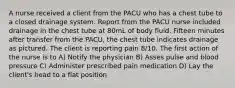 A nurse received a client from the PACU who has a chest tube to a closed drainage system. Report from the PACU nurse included drainage in the chest tube at 80mL of body fluid. Fifteen minutes after transfer from the PACU, the chest tube indicates drainage as pictured. The client is reporting pain 8/10. The first action of the nurse is to A) Notify the physician B) Asses pulse and blood pressure C) Administer prescribed pain medication D) Lay the client's head to a flat position