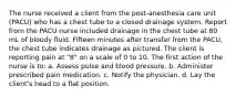 The nurse received a client from the post-anesthesia care unit (PACU) who has a chest tube to a closed drainage system. Report from the PACU nurse included drainage in the chest tube at 80 mL of bloody fluid. Fifteen minutes after transfer from the PACU, the chest tube indicates drainage as pictured. The client is reporting pain at "8" on a scale of 0 to 10. The first action of the nurse is to: a. Assess pulse and blood pressure. b. Administer prescribed pain medication. c. Notify the physician. d. Lay the client's head to a flat position.