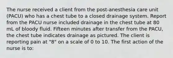 The nurse received a client from the post-anesthesia care unit (PACU) who has a chest tube to a closed drainage system. Report from the PACU nurse included drainage in the chest tube at 80 mL of bloody fluid. Fifteen minutes after transfer from the PACU, the chest tube indicates drainage as pictured. The client is reporting pain at "8" on a scale of 0 to 10. The first action of the nurse is to: