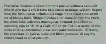 The nurse received a client from the post-anesthesia care unit (PACU) who has a chest tube to a closed drainage system. Report from the PACU nurse included drainage in the chest tube at 80 mL of bloody fluid. Fifteen minutes after transfer from the PACU, the chest tube indicates drainage as pictured. The client is reporting pain at "8" on a scale of 0 to 10. The first action of the nurse is to: a) Administer prescribed pain medication. b) Notify the physician. c) Assess pulse and blood pressure. d) Lay the client's head to a flat position.