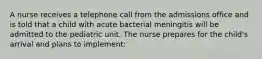 A nurse receives a telephone call from the admissions office and is told that a child with acute bacterial meningitis will be admitted to the pediatric unit. The nurse prepares for the child's arrival and plans to implement: