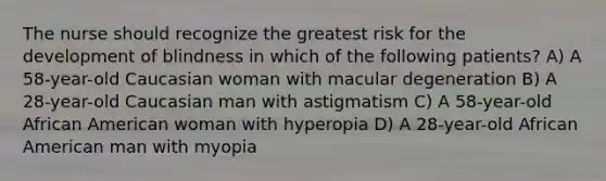 The nurse should recognize the greatest risk for the development of blindness in which of the following patients? A) A 58-year-old Caucasian woman with macular degeneration B) A 28-year-old Caucasian man with astigmatism C) A 58-year-old African American woman with hyperopia D) A 28-year-old African American man with myopia