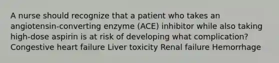 A nurse should recognize that a patient who takes an angiotensin-converting enzyme (ACE) inhibitor while also taking high-dose aspirin is at risk of developing what complication? Congestive heart failure Liver toxicity Renal failure Hemorrhage