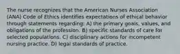 The nurse recognizes that the American Nurses Association (ANA) Code of Ethics identifies expectations of ethical behavior through statements regarding: A) the primary goals, values, and obligations of the profession. B) specific standards of care for selected populations. C) disciplinary actions for incompetent nursing practice. D) legal standards of practice.