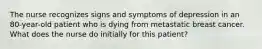 The nurse recognizes signs and symptoms of depression in an 80-year-old patient who is dying from metastatic breast cancer. What does the nurse do initially for this patient?