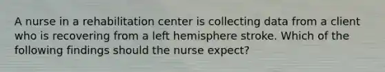 A nurse in a rehabilitation center is collecting data from a client who is recovering from a left hemisphere stroke. Which of the following findings should the nurse expect?