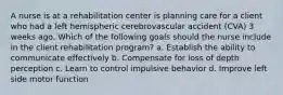 A nurse is at a rehabilitation center is planning care for a client who had a left hemispheric cerebrovascular accident (CVA) 3 weeks ago. Which of the following goals should the nurse include in the client rehabilitation program? a. Establish the ability to communicate effectively b. Compensate for loss of depth perception c. Learn to control impulsive behavior d. Improve left side motor function