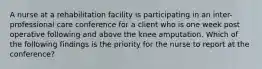 A nurse at a rehabilitation facility is participating in an inter-professional care conference for a client who is one week post operative following and above the knee amputation. Which of the following findings is the priority for the nurse to report at the conference?