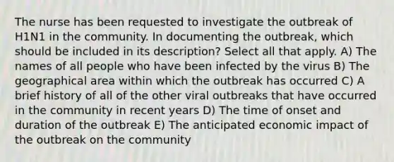 The nurse has been requested to investigate the outbreak of H1N1 in the community. In documenting the outbreak, which should be included in its description? Select all that apply. A) The names of all people who have been infected by the virus B) The geographical area within which the outbreak has occurred C) A brief history of all of the other viral outbreaks that have occurred in the community in recent years D) The time of onset and duration of the outbreak E) The anticipated economic impact of the outbreak on the community