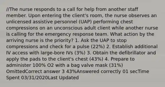 //The nurse responds to a call for help from another staff member. Upon entering the client's room, the nurse observes an unlicensed assistive personnel (UAP) performing chest compressions on an unconscious adult client while another nurse is calling for the emergency response team. What action by the arriving nurse is the priority? 1. Ask the UAP to stop compressions and check for a pulse (22%) 2. Establish additional IV access with large-bore IVs (3%) 3. Obtain the defibrillator and apply the pads to the client's chest (43%) 4. Prepare to administer 100% O2 with a bag valve mask (31%) OmittedCorrect answer 3 43%Answered correctly 01 secTime Spent 03/31/2020Last Updated