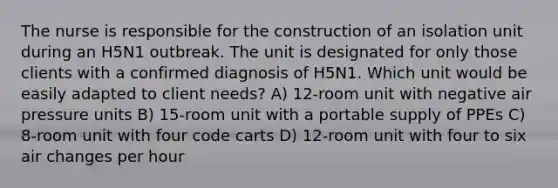 The nurse is responsible for the construction of an isolation unit during an H5N1 outbreak. The unit is designated for only those clients with a confirmed diagnosis of H5N1. Which unit would be easily adapted to client needs? A) 12-room unit with negative air pressure units B) 15-room unit with a portable supply of PPEs C) 8-room unit with four code carts D) 12-room unit with four to six air changes per hour