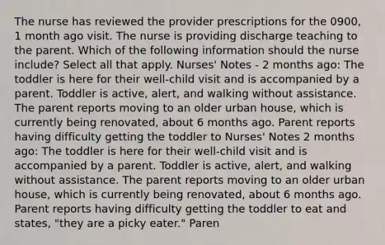 The nurse has reviewed the provider prescriptions for the 0900, 1 month ago visit. The nurse is providing discharge teaching to the parent. Which of the following information should the nurse include? Select all that apply. Nurses' Notes - 2 months ago: The toddler is here for their well-child visit and is accompanied by a parent. Toddler is active, alert, and walking without assistance. The parent reports moving to an older urban house, which is currently being renovated, about 6 months ago. Parent reports having difficulty getting the toddler to Nurses' Notes 2 months ago: The toddler is here for their well-child visit and is accompanied by a parent. Toddler is active, alert, and walking without assistance. The parent reports moving to an older urban house, which is currently being renovated, about 6 months ago. Parent reports having difficulty getting the toddler to eat and states, "they are a picky eater." Paren