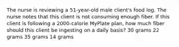 The nurse is reviewing a 51-year-old male client's food log. The nurse notes that this client is not consuming enough fiber. If this client is following a 2000-calorie MyPlate plan, how much fiber should this client be ingesting on a daily basis? 30 grams 22 grams 35 grams 14 grams