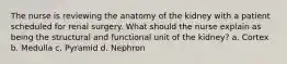 The nurse is reviewing the anatomy of the kidney with a patient scheduled for renal surgery. What should the nurse explain as being the structural and functional unit of the kidney? a. Cortex b. Medulla c. Pyramid d. Nephron