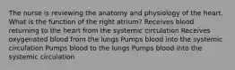 The nurse is reviewing the anatomy and physiology of the heart. What is the function of the right atrium? Receives blood returning to the heart from the systemic circulation Receives oxygenated blood from the lungs Pumps blood into the systemic circulation Pumps blood to the lungs Pumps blood into the systemic circulation