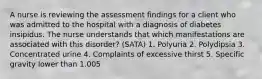 A nurse is reviewing the assessment findings for a client who was admitted to the hospital with a diagnosis of diabetes insipidus. The nurse understands that which manifestations are associated with this disorder? (SATA) 1. Polyuria 2. Polydipsia 3. Concentrated urine 4. Complaints of excessive thirst 5. Specific gravity lower than 1.005