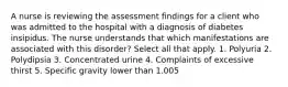 A nurse is reviewing the assessment findings for a client who was admitted to the hospital with a diagnosis of diabetes insipidus. The nurse understands that which manifestations are associated with this disorder? Select all that apply. 1. Polyuria 2. Polydipsia 3. Concentrated urine 4. Complaints of excessive thirst 5. Specific gravity lower than 1.005