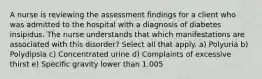 A nurse is reviewing the assessment findings for a client who was admitted to the hospital with a diagnosis of diabetes insipidus. The nurse understands that which manifestations are associated with this disorder? Select all that apply. a) Polyuria b) Polydipsia c) Concentrated urine d) Complaints of excessive thirst e) Specific gravity lower than 1.005