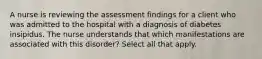 A nurse is reviewing the assessment findings for a client who was admitted to the hospital with a diagnosis of diabetes insipidus. The nurse understands that which manifestations are associated with this disorder? Select all that apply.