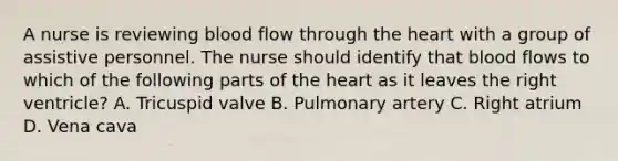 A nurse is reviewing blood flow through the heart with a group of assistive personnel. The nurse should identify that blood flows to which of the following parts of the heart as it leaves the right ventricle? A. Tricuspid valve B. Pulmonary artery C. Right atrium D. Vena cava