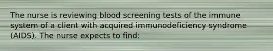 The nurse is reviewing blood screening tests of the immune system of a client with acquired immunodeficiency syndrome (AIDS). The nurse expects to find: