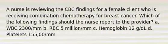 A nurse is reviewing the CBC findings for a female client who is receiving combination chemotherapy for breast cancer. Which of the following findings should the nurse report to the provider? a. WBC 2300/mm b. RBC 5 million/mm c. Hemoglobin 12 g/dL d. Platelets 155,00/mm