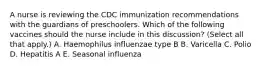 A nurse is reviewing the CDC immunization recommendations with the guardians of preschoolers. Which of the following vaccines should the nurse include in this discussion? (Select all that apply.) A. Haemophilus influenzae type B B. Varicella C. Polio D. Hepatitis A E. Seasonal influenza