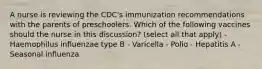 A nurse is reviewing the CDC's immunization recommendations with the parents of preschoolers. Which of the following vaccines should the nurse in this discussion? (select all that apply) - Haemophilus influenzae type B - Varicella - Polio - Hepatitis A - Seasonal influenza