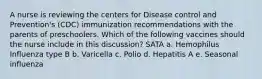 A nurse is reviewing the centers for Disease control and Prevention's (CDC) immunization recommendations with the parents of preschoolers. Which of the following vaccines should the nurse include in this discussion? SATA a. Hemophilus Influenza type B b. Varicella c. Polio d. Hepatitis A e. Seasonal influenza