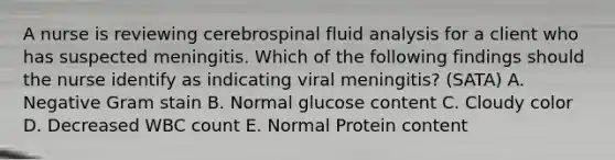 A nurse is reviewing cerebrospinal fluid analysis for a client who has suspected meningitis. Which of the following findings should the nurse identify as indicating viral meningitis? (SATA) A. Negative Gram stain B. Normal glucose content C. Cloudy color D. Decreased WBC count E. Normal Protein content