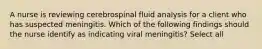 A nurse is reviewing cerebrospinal fluid analysis for a client who has suspected meningitis. Which of the following findings should the nurse identify as indicating viral meningitis? Select all