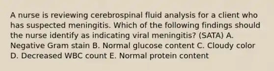 A nurse is reviewing cerebrospinal fluid analysis for a client who has suspected meningitis. Which of the following findings should the nurse identify as indicating viral meningitis? (SATA) A. Negative Gram stain B. Normal glucose content C. Cloudy color D. Decreased WBC count E. Normal protein content