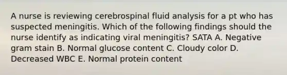 A nurse is reviewing cerebrospinal fluid analysis for a pt who has suspected meningitis. Which of the following findings should the nurse identify as indicating viral meningitis? SATA A. Negative gram stain B. Normal glucose content C. Cloudy color D. Decreased WBC E. Normal protein content