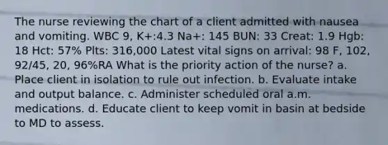 The nurse reviewing the chart of a client admitted with nausea and vomiting. WBC 9, K+:4.3 Na+: 145 BUN: 33 Creat: 1.9 Hgb: 18 Hct: 57% Plts: 316,000 Latest vital signs on arrival: 98 F, 102, 92/45, 20, 96%RA What is the priority action of the nurse? a. Place client in isolation to rule out infection. b. Evaluate intake and output balance. c. Administer scheduled oral a.m. medications. d. Educate client to keep vomit in basin at bedside to MD to assess.