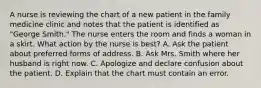 A nurse is reviewing the chart of a new patient in the family medicine clinic and notes that the patient is identified as "George Smith." The nurse enters the room and finds a woman in a skirt. What action by the nurse is best? A. Ask the patient about preferred forms of address. B. Ask Mrs. Smith where her husband is right now. C. Apologize and declare confusion about the patient. D. Explain that the chart must contain an error.