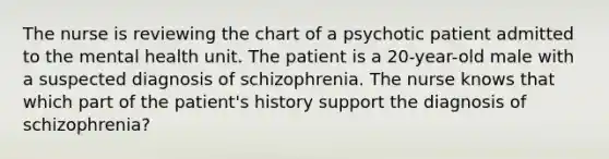 The nurse is reviewing the chart of a psychotic patient admitted to the mental health unit. The patient is a 20-year-old male with a suspected diagnosis of schizophrenia. The nurse knows that which part of the patient's history support the diagnosis of schizophrenia?