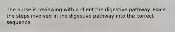 The nurse is reviewing with a client the digestive pathway. Place the steps involved in the digestive pathway into the correct sequence.