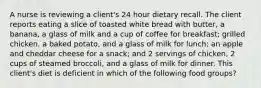 A nurse is reviewing a client's 24 hour dietary recall. The client reports eating a slice of toasted white bread with butter, a banana, a glass of milk and a cup of coffee for breakfast; grilled chicken, a baked potato, and a glass of milk for lunch; an apple and cheddar cheese for a snack; and 2 servings of chicken, 2 cups of steamed broccoli, and a glass of milk for dinner. This client's diet is deficient in which of the following food groups?