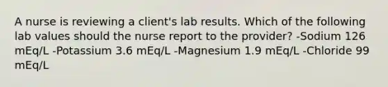 A nurse is reviewing a client's lab results. Which of the following lab values should the nurse report to the provider? -Sodium 126 mEq/L -Potassium 3.6 mEq/L -Magnesium 1.9 mEq/L -Chloride 99 mEq/L