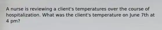 A nurse is reviewing a client's temperatures over the course of hospitalization. What was the client's temperature on June 7th at 4 pm?