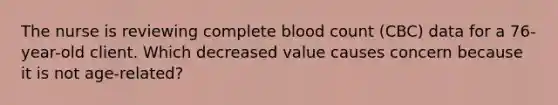 The nurse is reviewing complete blood count (CBC) data for a 76-year-old client. Which decreased value causes concern because it is not age-related?