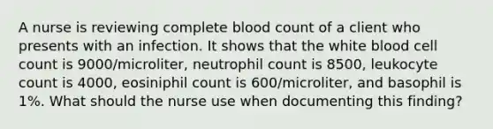 A nurse is reviewing complete blood count of a client who presents with an infection. It shows that the white blood cell count is 9000/microliter, neutrophil count is 8500, leukocyte count is 4000, eosiniphil count is 600/microliter, and basophil is 1%. What should the nurse use when documenting this finding?