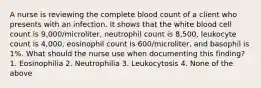 A nurse is reviewing the complete blood count of a client who presents with an infection. It shows that the white blood cell count is 9,000/microliter, neutrophil count is 8,500, leukocyte count is 4,000, eosinophil count is 600/microliter, and basophil is 1%. What should the nurse use when documenting this finding? 1. Eosinophilia 2. Neutrophilia 3. Leukocytosis 4. None of the above