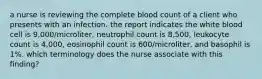 a nurse is reviewing the complete blood count of a client who presents with an infection. the report indicates the white blood cell is 9,000/microliter, neutrophil count is 8,500, leukocyte count is 4,000, eosinophil count is 600/microliter, and basophil is 1%. which terminology does the nurse associate with this finding?