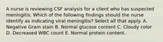 A nurse is reviewing CSF analysis for a client who has suspected meningitis. Which of the following findings should the nurse identify as indicating viral meningitis? Select all that apply. A. Negative Gram stain B. Normal glucose content C. Cloudy color D. Decreased WBC count E. Normal protein content.