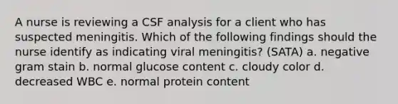 A nurse is reviewing a CSF analysis for a client who has suspected meningitis. Which of the following findings should the nurse identify as indicating viral meningitis? (SATA) a. negative gram stain b. normal glucose content c. cloudy color d. decreased WBC e. normal protein content