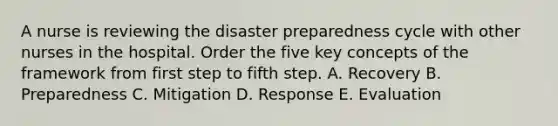 A nurse is reviewing the disaster preparedness cycle with other nurses in the hospital. Order the five key concepts of the framework from first step to fifth step. A. Recovery B. Preparedness C. Mitigation D. Response E. Evaluation