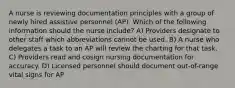 A nurse is reviewing documentation principles with a group of newly hired assistive personnel (AP). Which of the following information should the nurse include? A) Providers designate to other staff which abbreviations cannot be used. B) A nurse who delegates a task to an AP will review the charting for that task. C) Providers read and cosign nursing documentation for accuracy. D) Licensed personnel should document out-of-range vital signs for AP