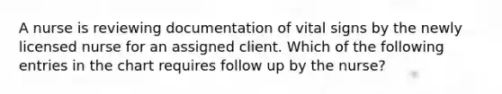 A nurse is reviewing documentation of vital signs by the newly licensed nurse for an assigned client. Which of the following entries in the chart requires follow up by the nurse?